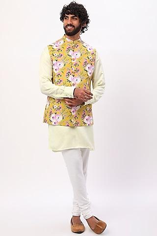 mustard printed bundi jacket with kurta set for boys