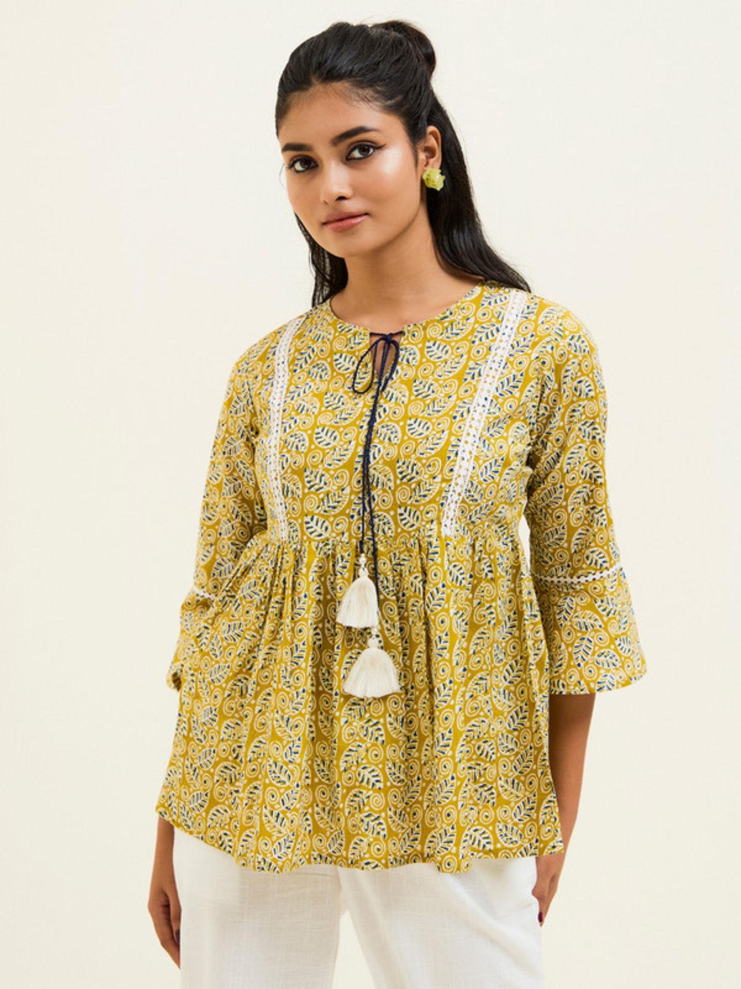 mustard printed cotton gathered top