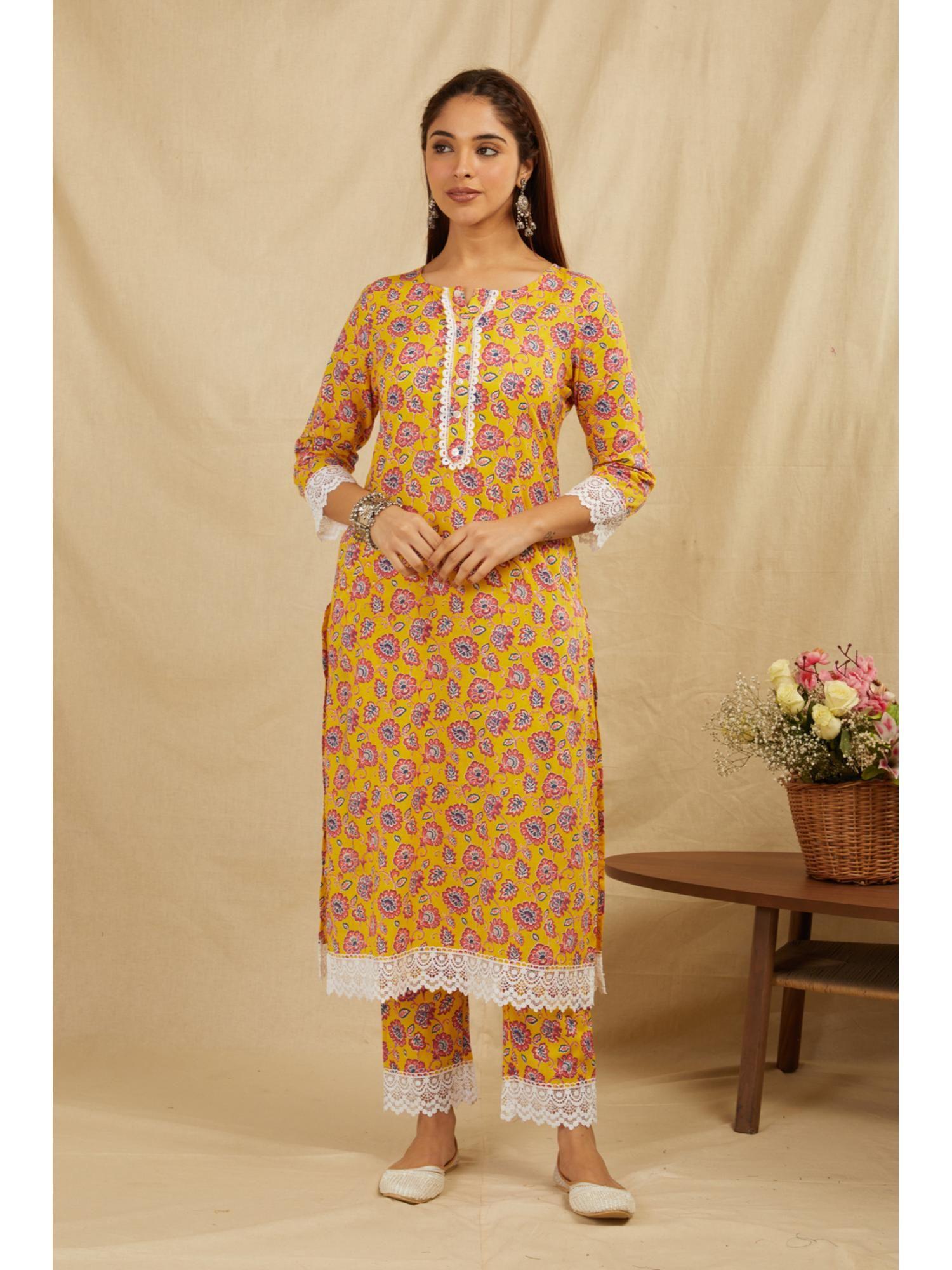 mustard printed cotton kurta pant with fancy lace (set of 2)