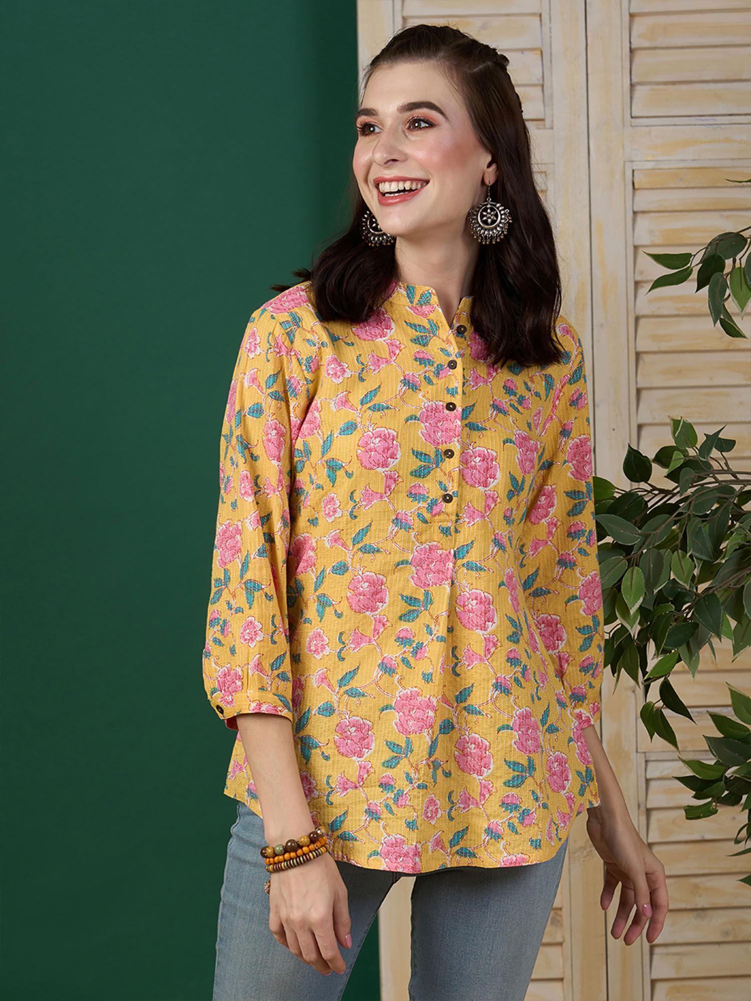 mustard printed cotton stitched short kurti for women