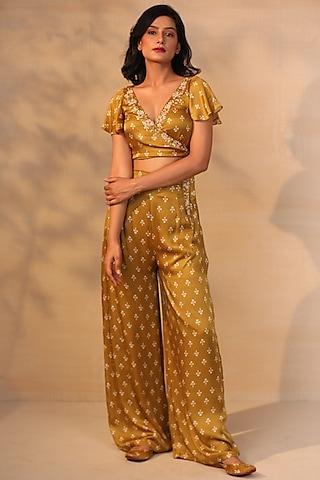 mustard printed crop top with pants