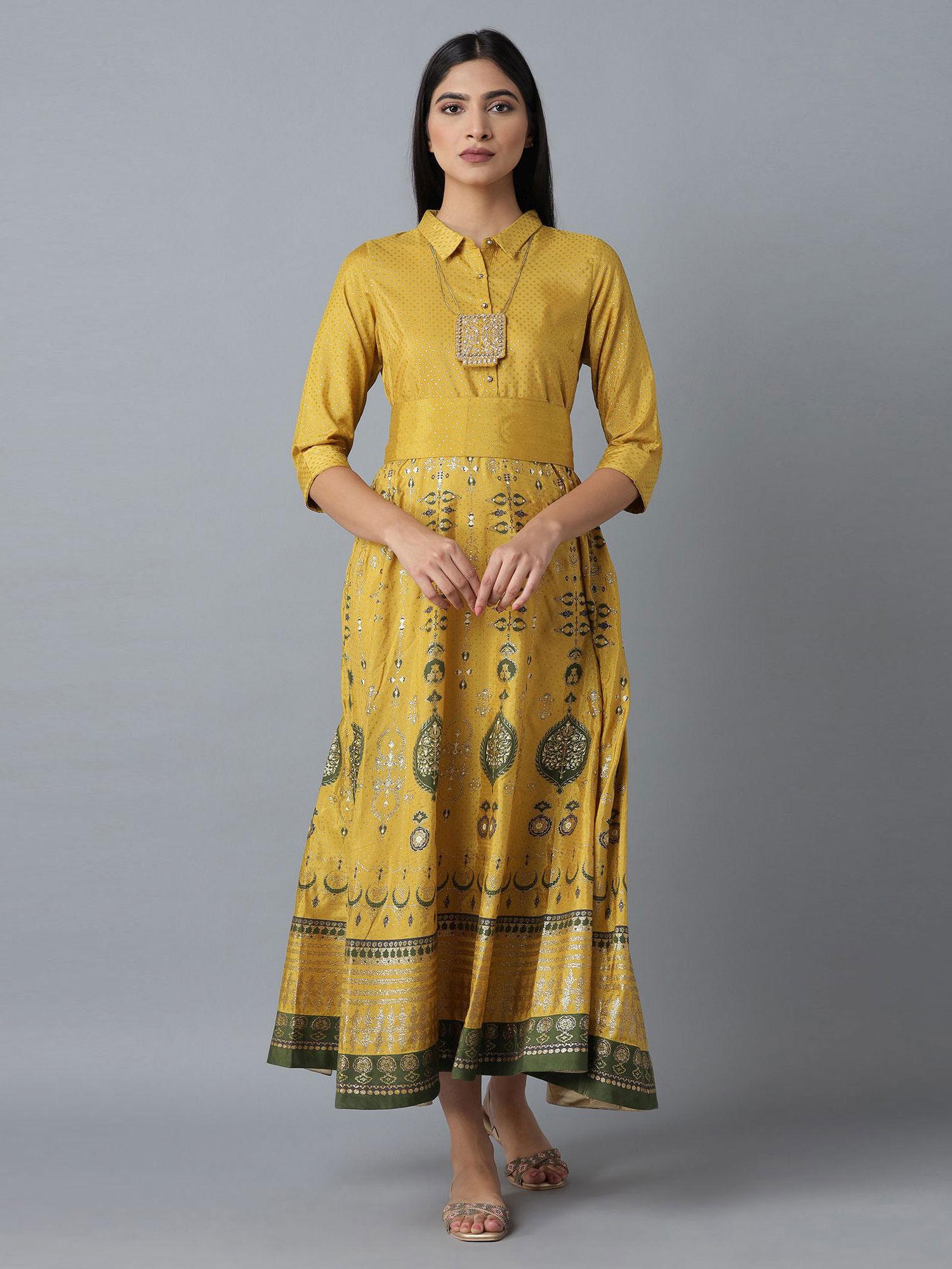 mustard printed dress ith belt