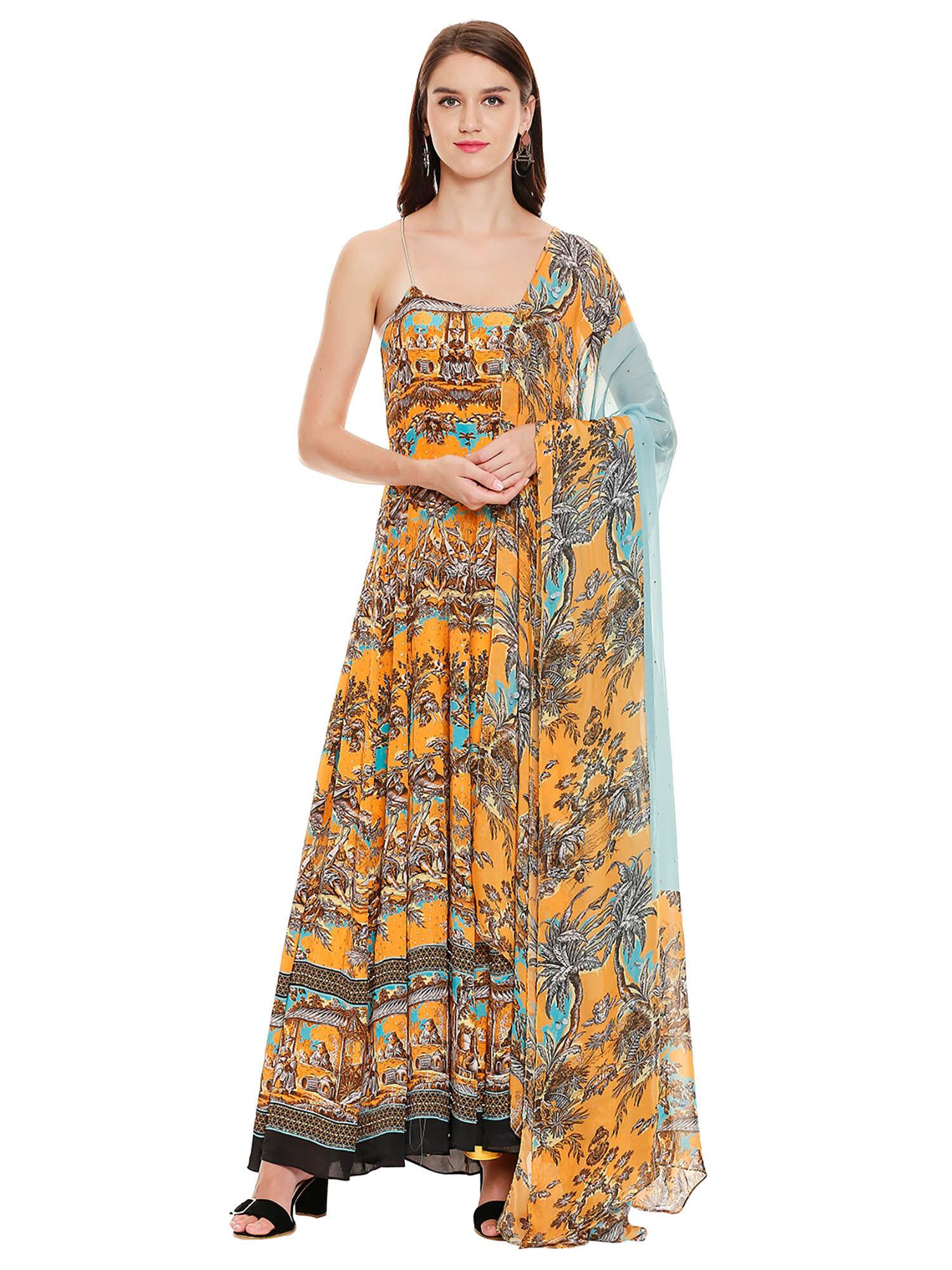 mustard printed dress with dupatta (set of 2)