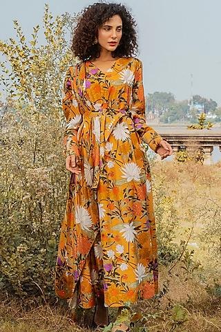 mustard printed dress with full sleeves