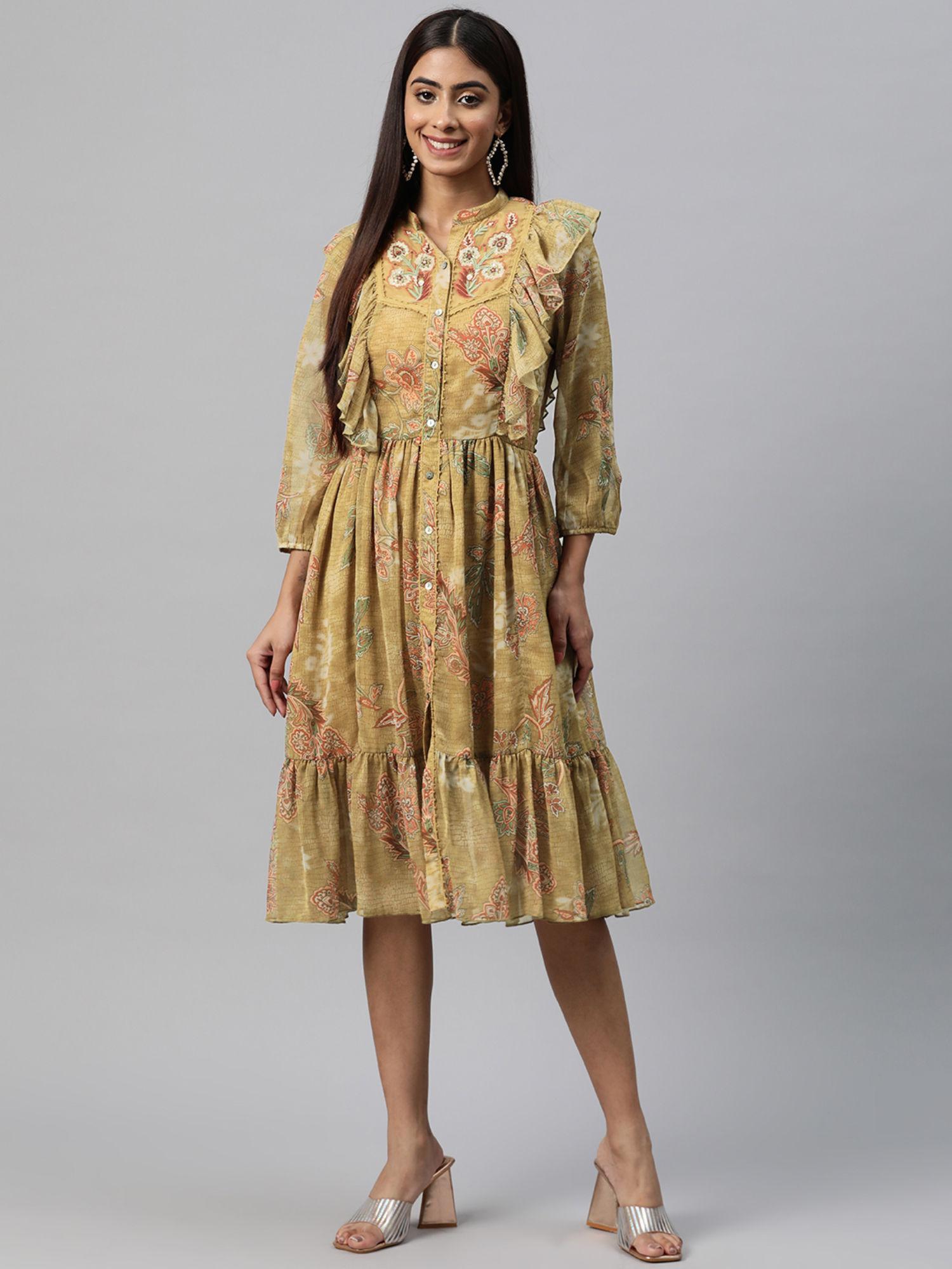 mustard printed gathered dress