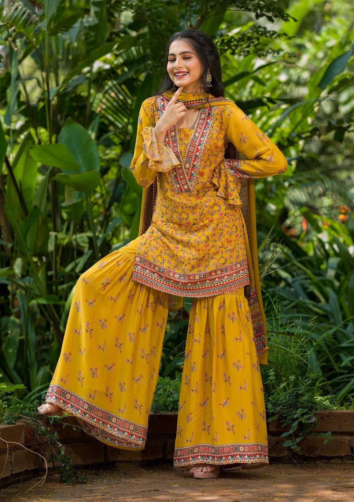 mustard printed georgette readymade sharara suit