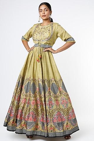 mustard printed gown with jacket