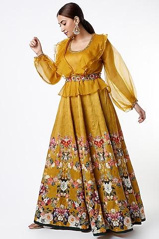 mustard printed gown with jacket