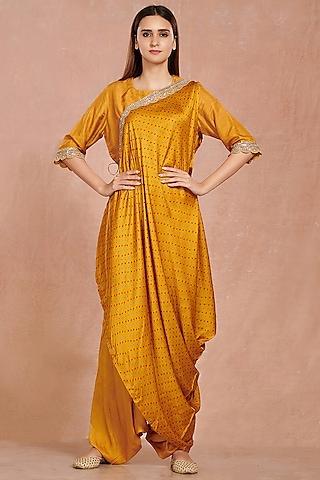 mustard printed jumpsuit with attached drape