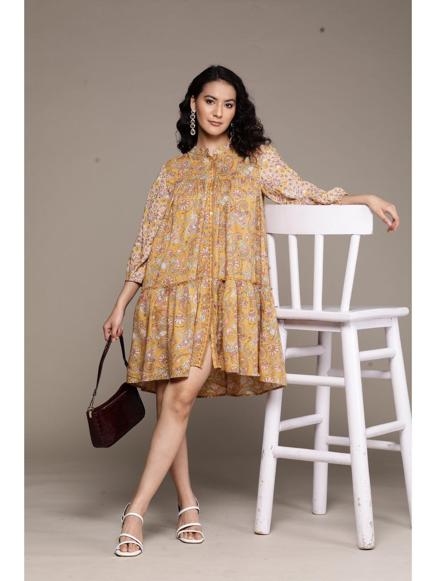 mustard printed knee length dress