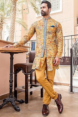 mustard printed kurta set with nehru jacket for boys