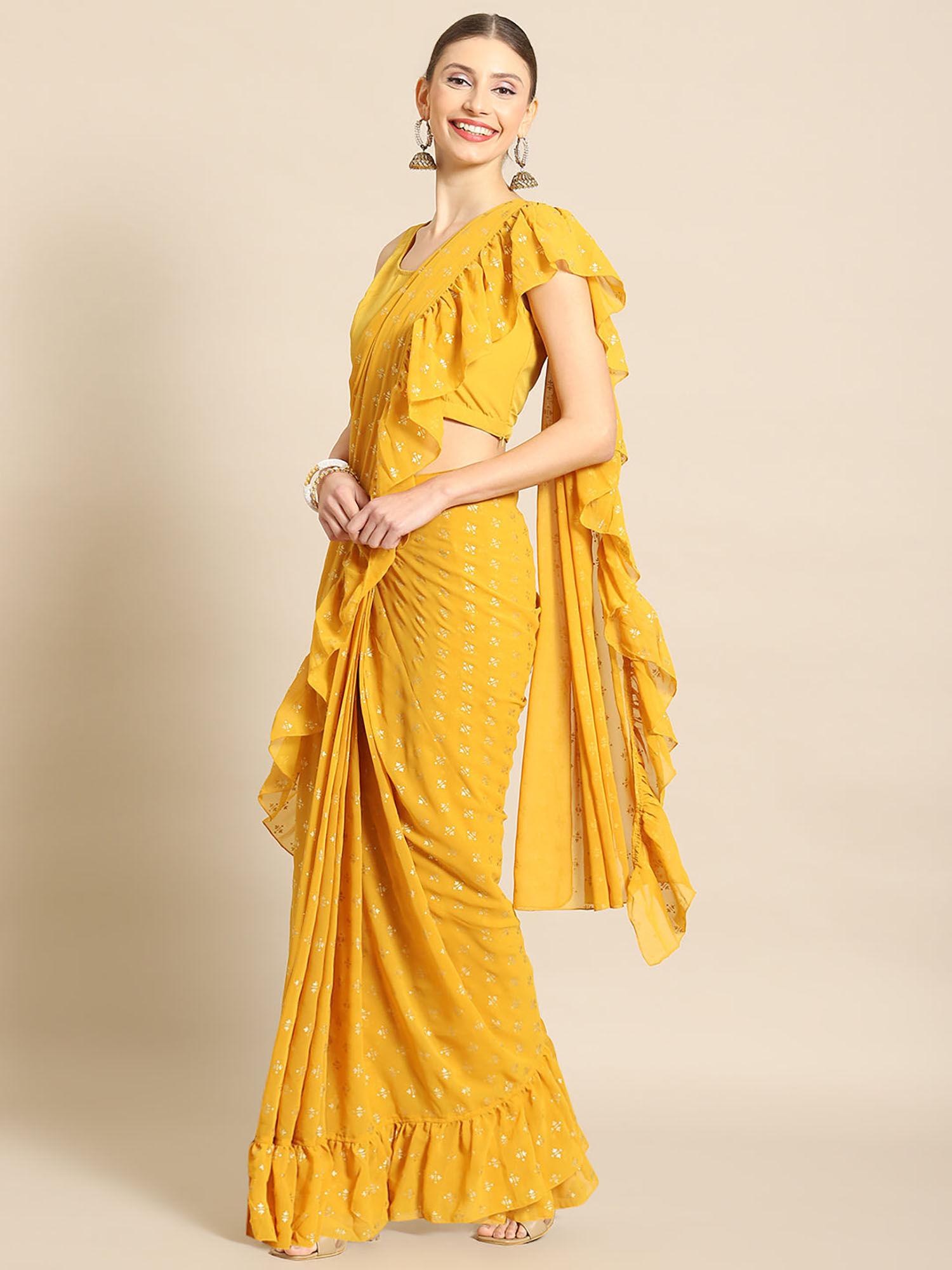 mustard printed ready to wear saree with unstitched blouse