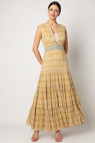 mustard printed ruffled gown with belt