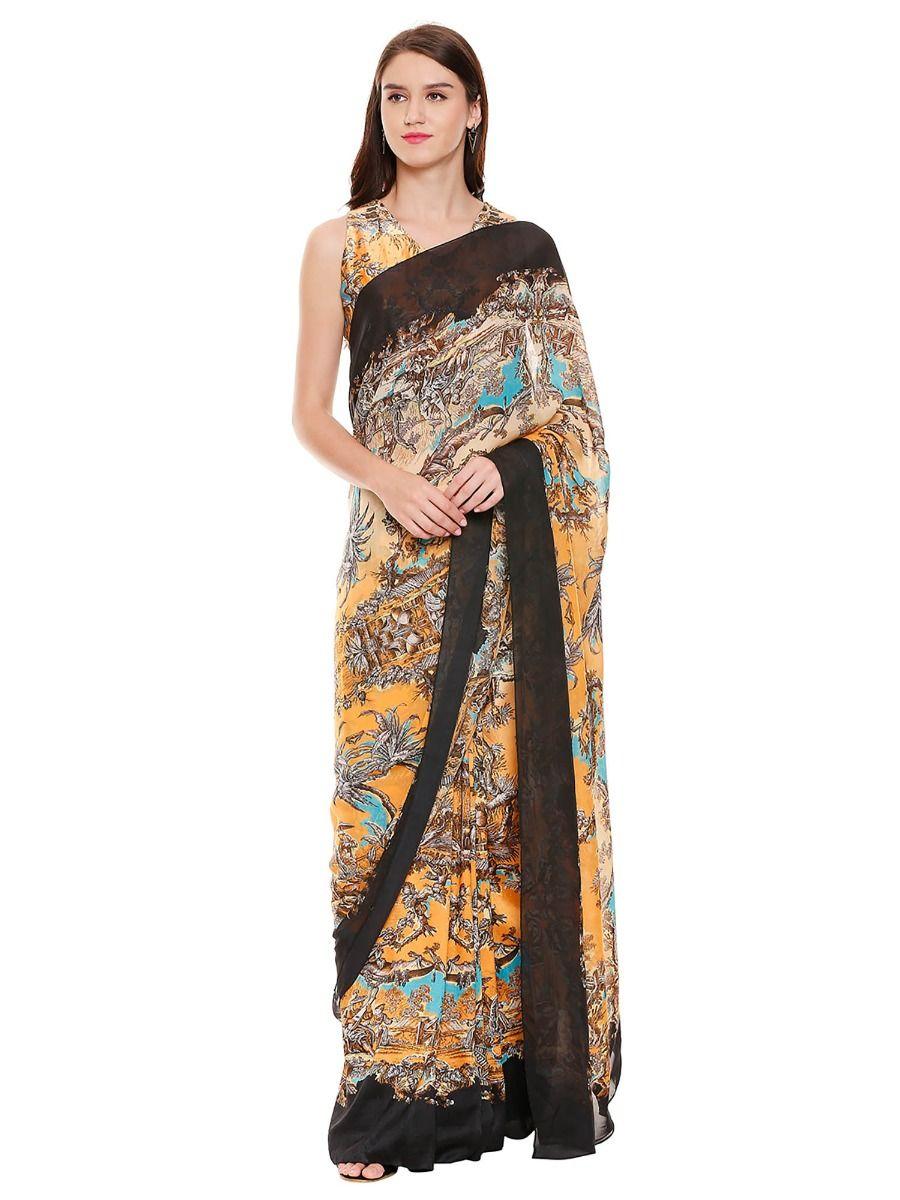 mustard printed saree with stitched blouse