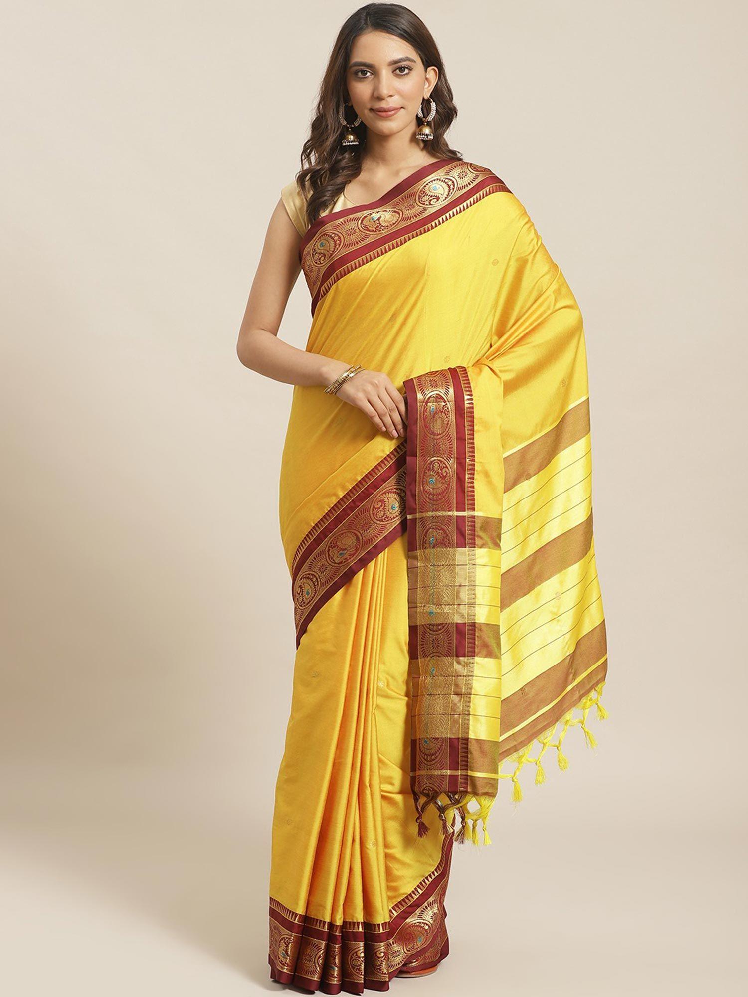 mustard printed saree with unstitched blouse