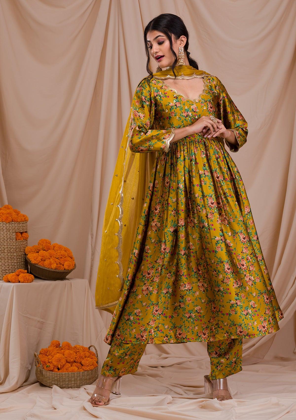 mustard printed semi crepe readymade sharara suit