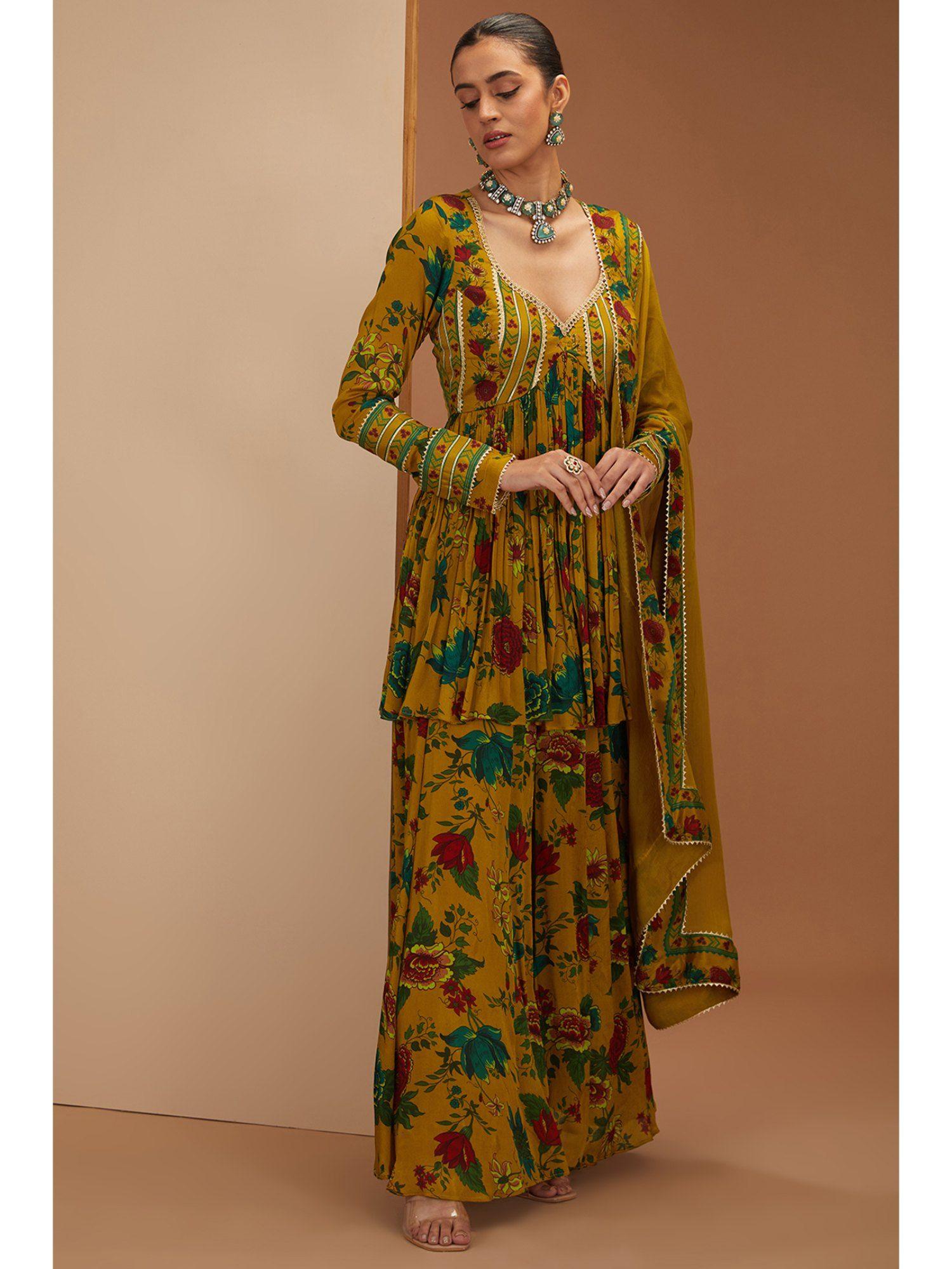 mustard printed sharara with gota embroidery with kurta and dupatta (set of 3)