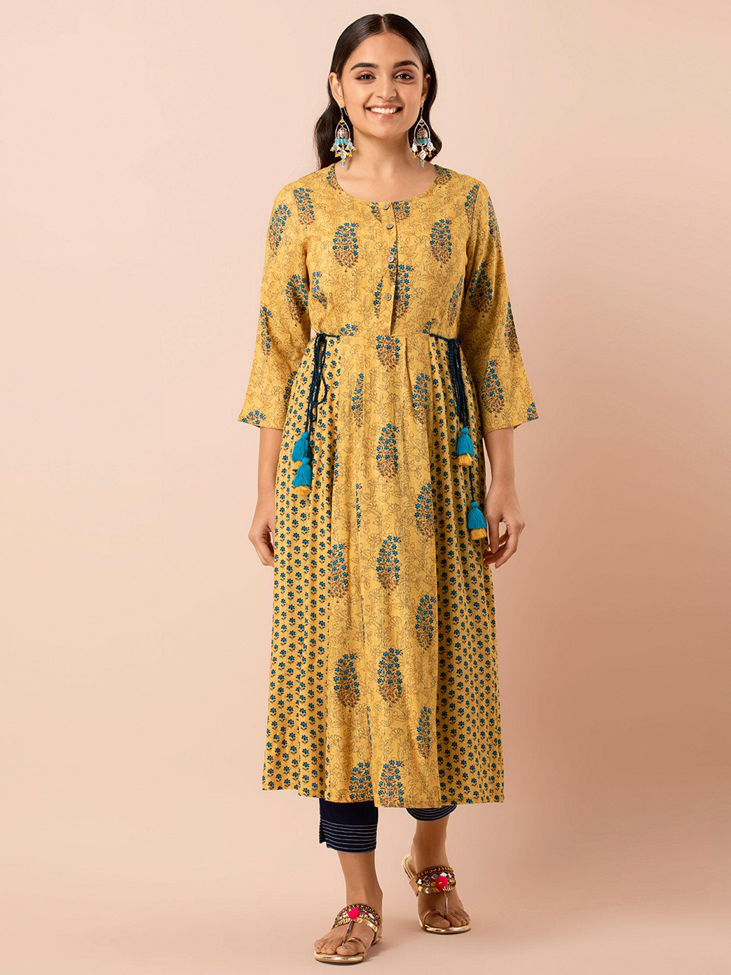 mustard printed side-tie a-line tunic