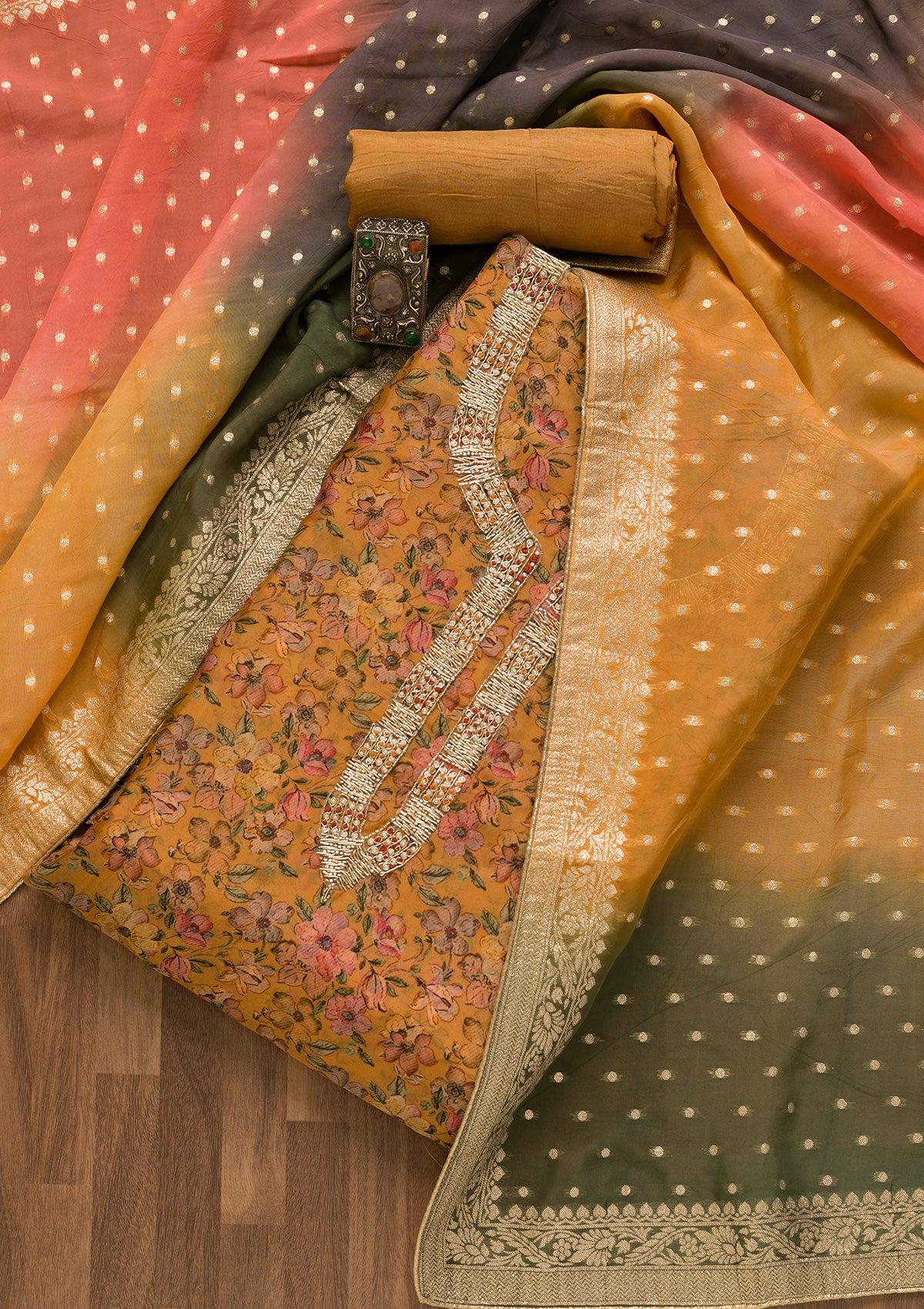 mustard printed tissue unstitched salwar suit