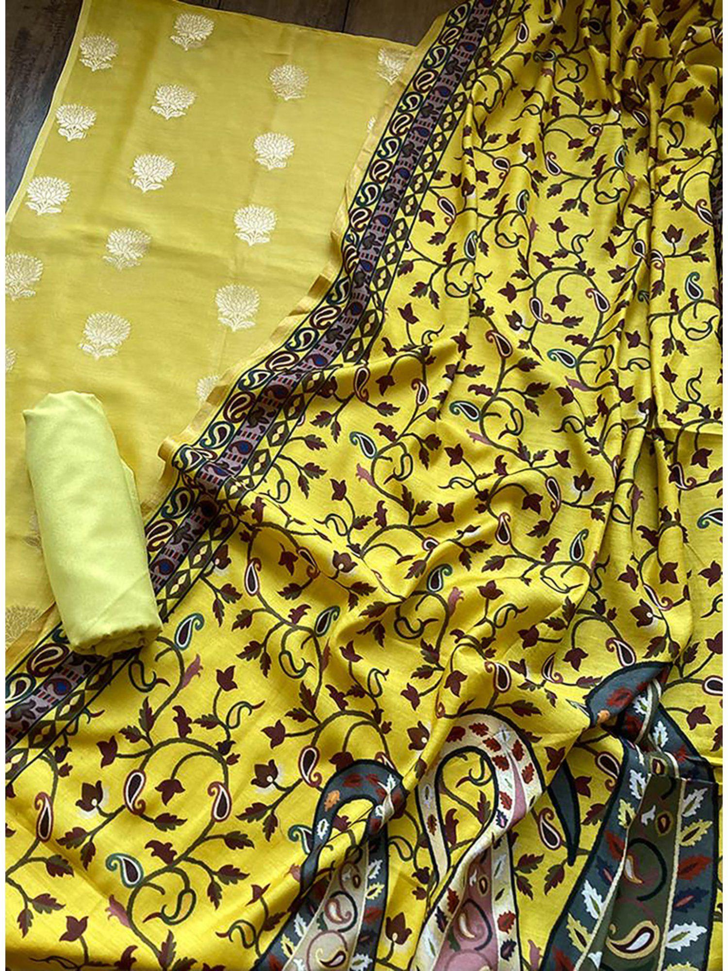 mustard printed unstitched dress material (set of 3)