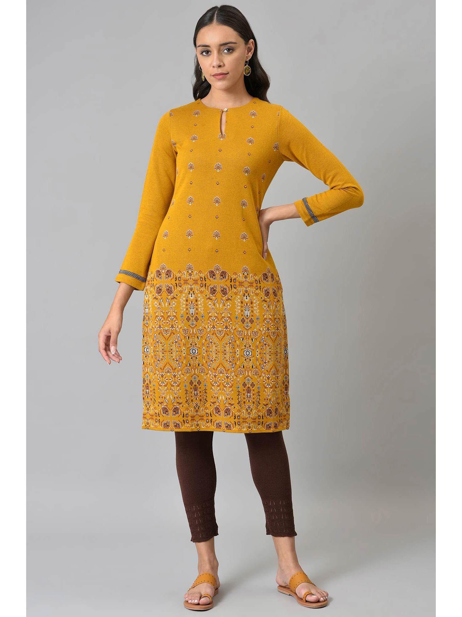 mustard printed winter kurta