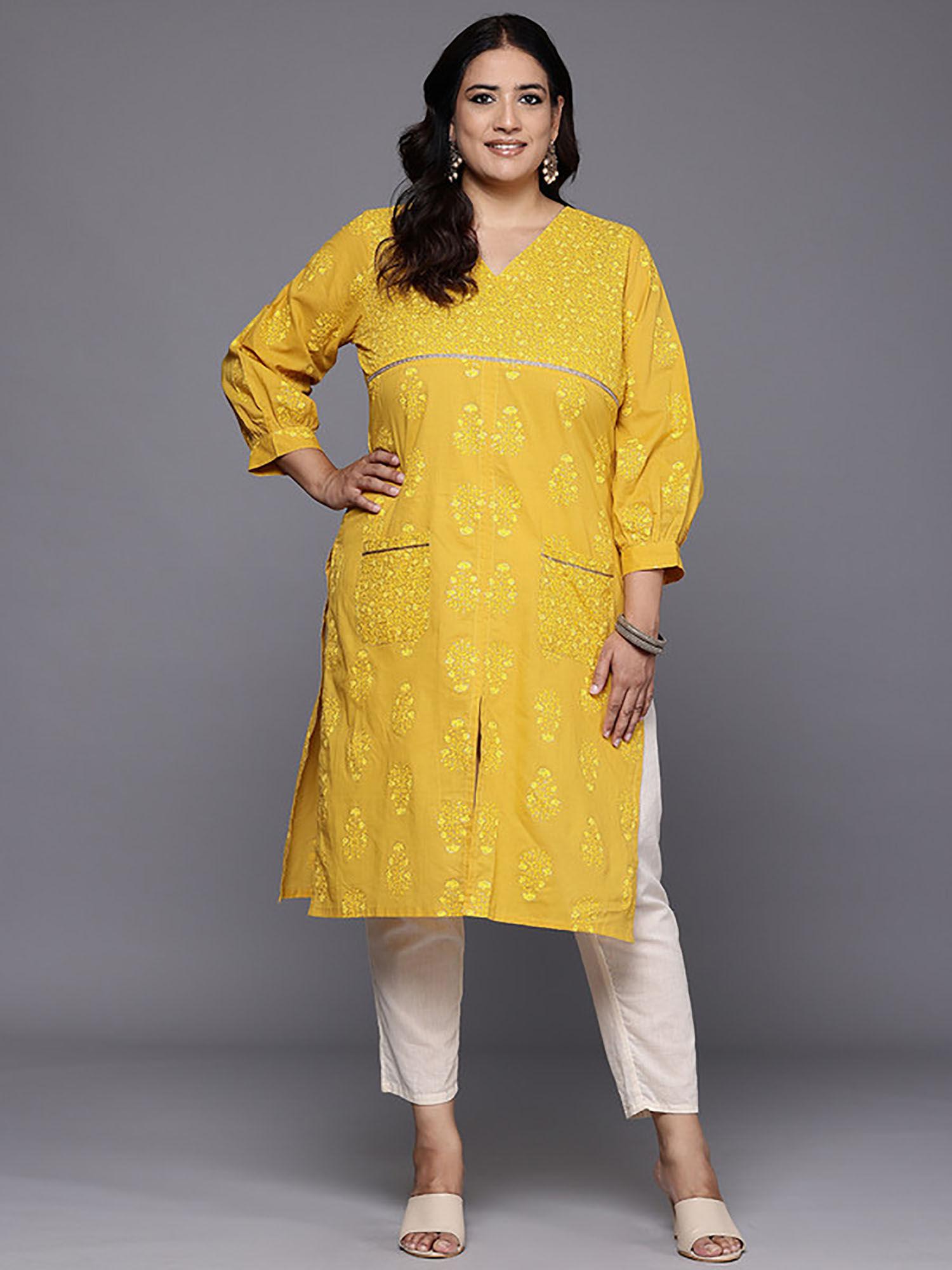 mustard printed zari work pure cotton kurta