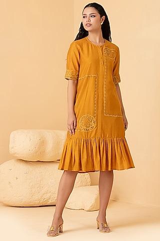 mustard pure chanderi thread embroidered dress