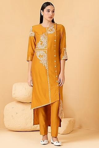 mustard pure chanderi zari & pearl embroidered tunic set