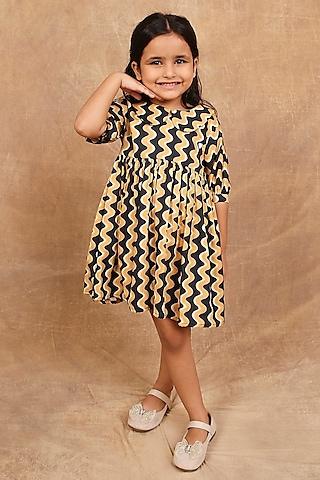 mustard pure cotton printed & hand embroidered dress for girls