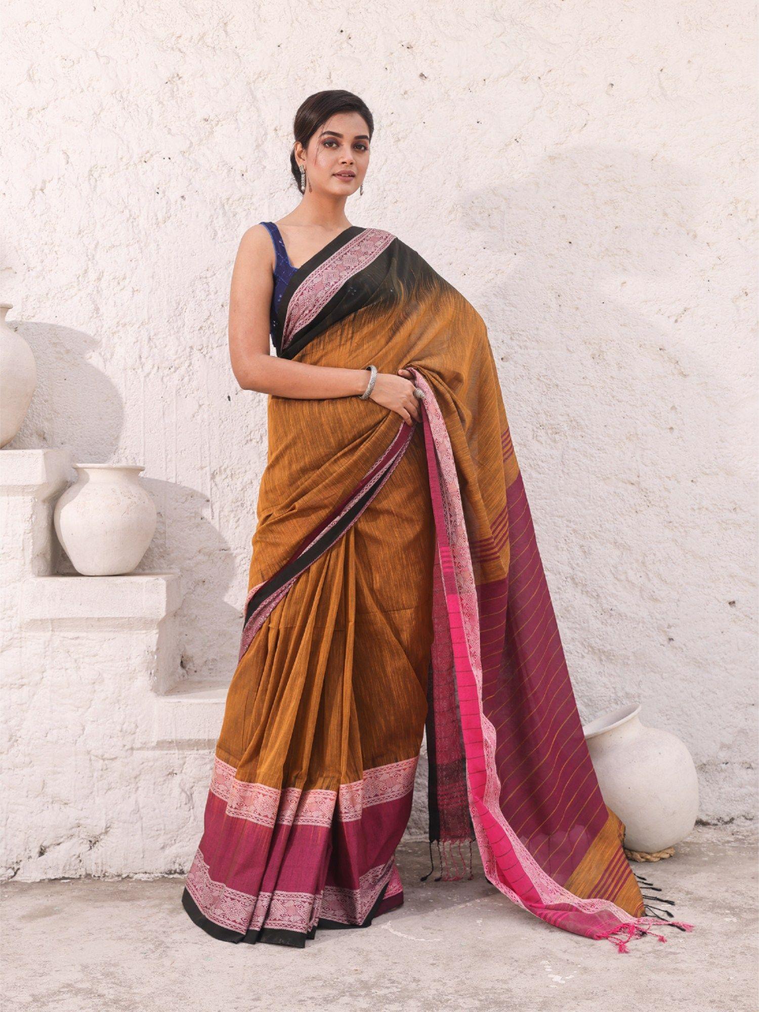 mustard pure cotton solid ikkat saree with unstitched blouse