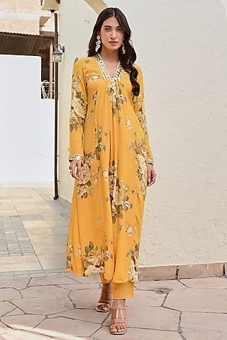 mustard pure crepe floral kurta set