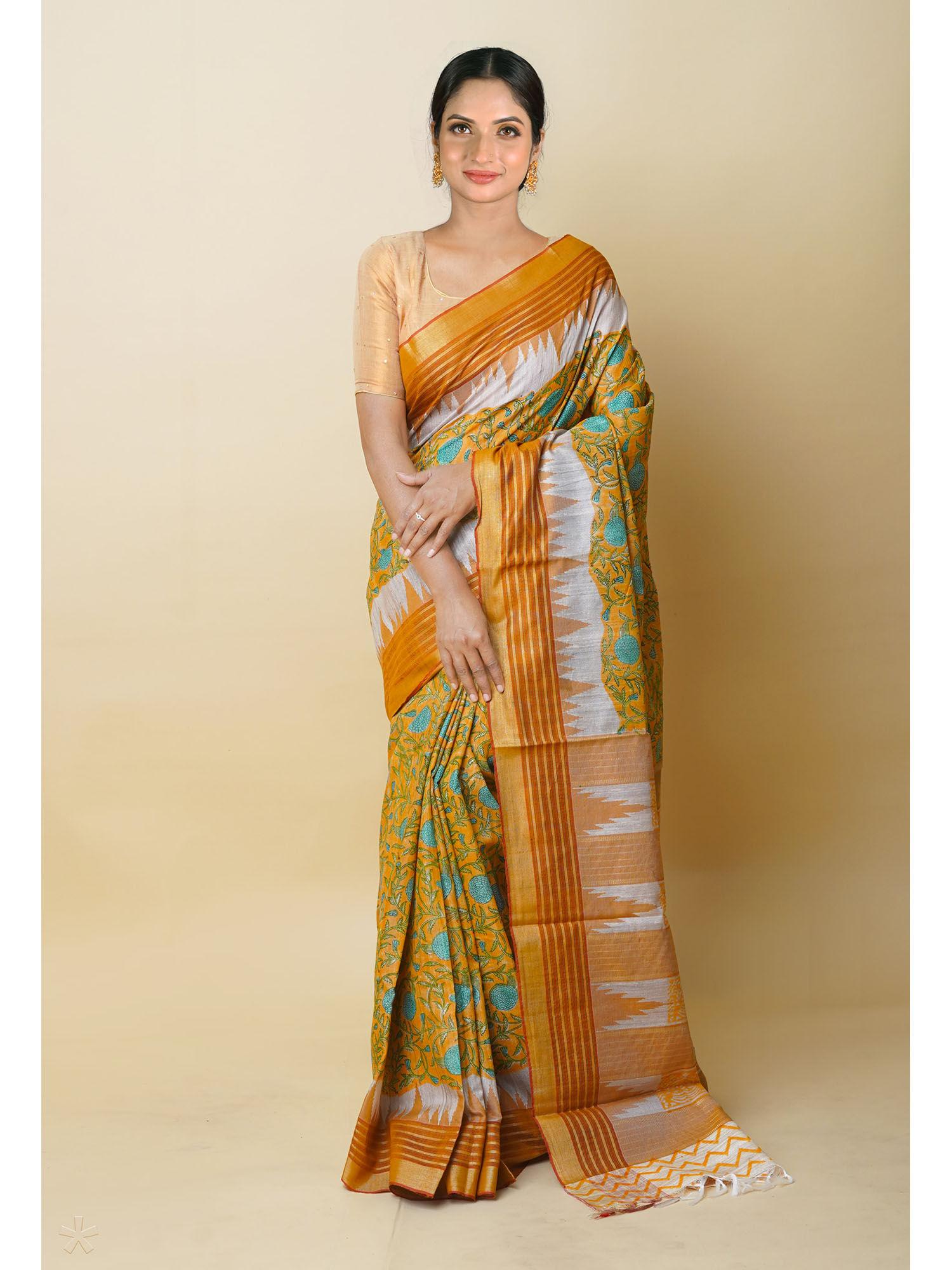 mustard pure handloom block print vidarbha tussar silk saree with unstitched blouse