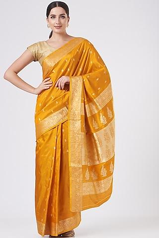 mustard pure katan silk banarasi handloom saree set.