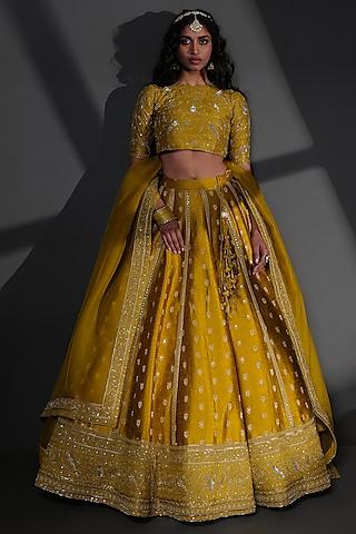 mustard pure katan silk embroidered lehenga set