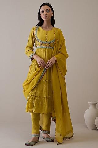 mustard pure silk handloom chanderi resham embroidered anarkali set