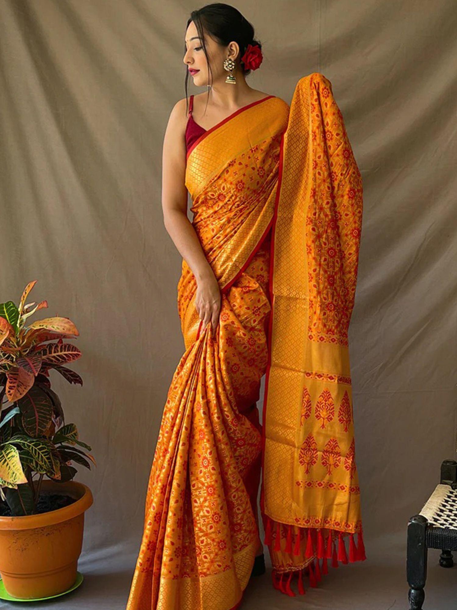 mustard rajkot patola silk zari woven saree with unstitched blouse