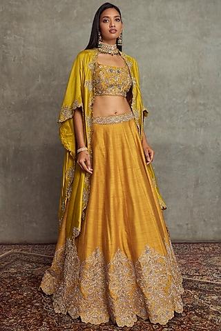 mustard raw silk embroidered lehenga set