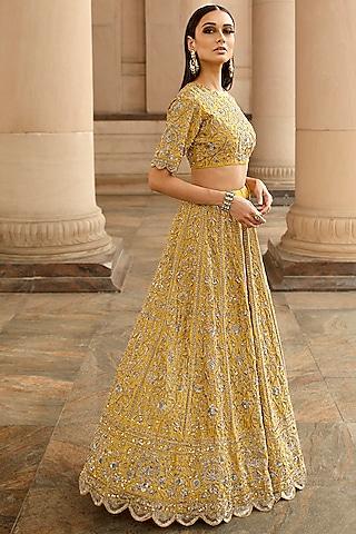 mustard raw silk embroidered lehenga set