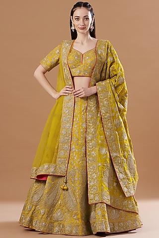 mustard raw silk kashmiri tilla embroidered lehenga