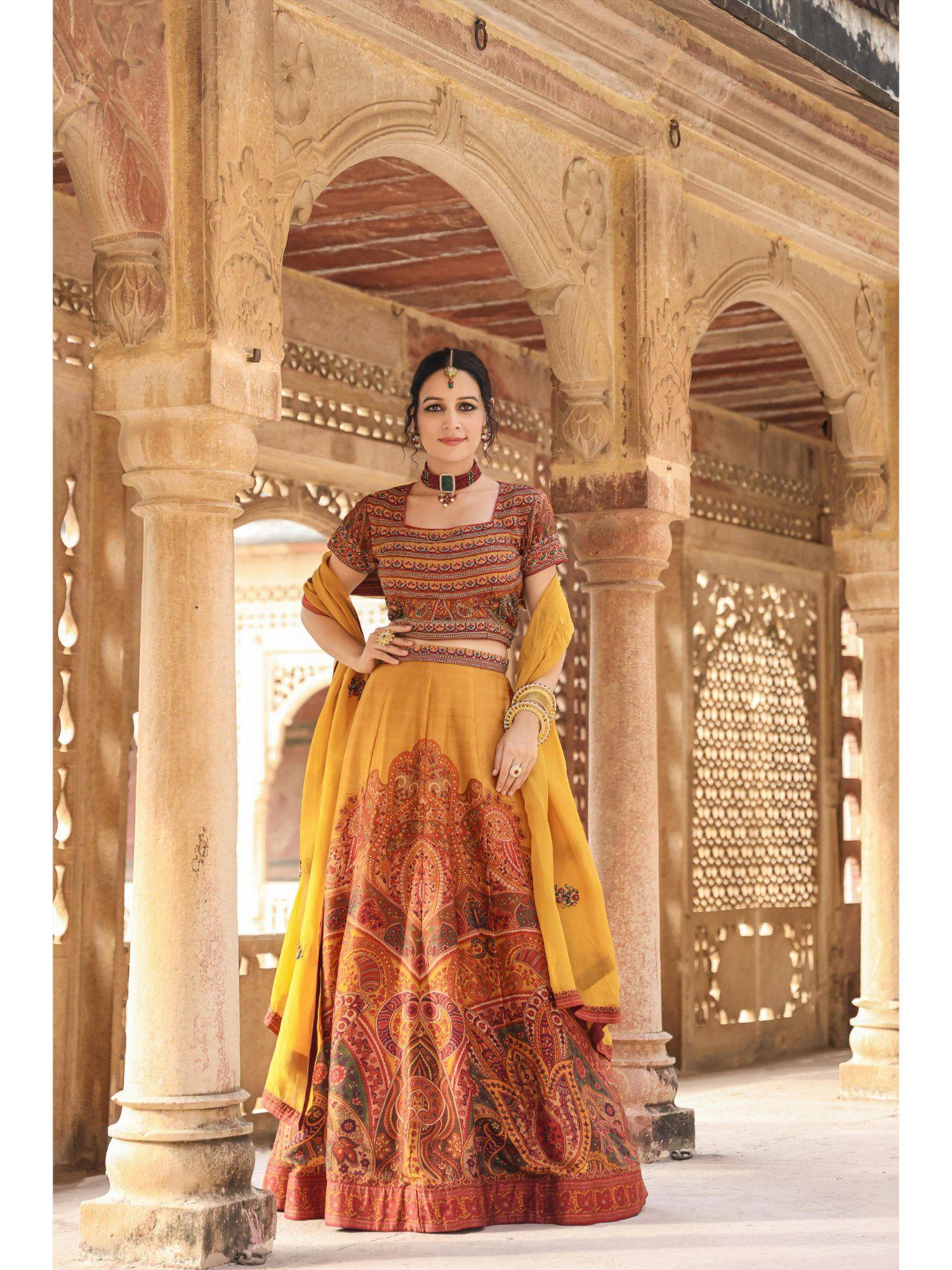 mustard raw silk printed lehenga choli dupatta (set of 3)