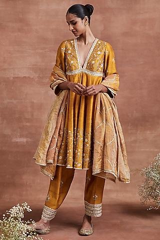 mustard raw silk sequins embroidered anarkali set