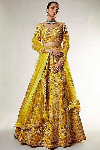 mustard raw silk zardosi embroidered lehenga set