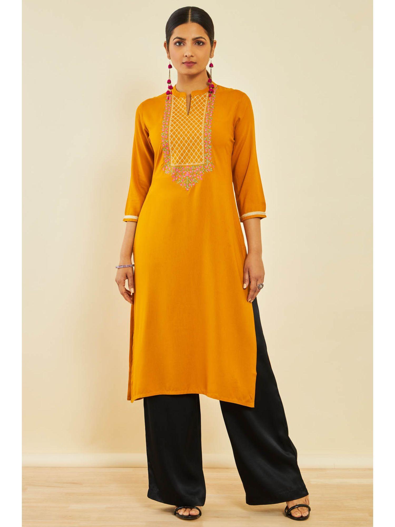 mustard rayon embroidered kurta with thread work