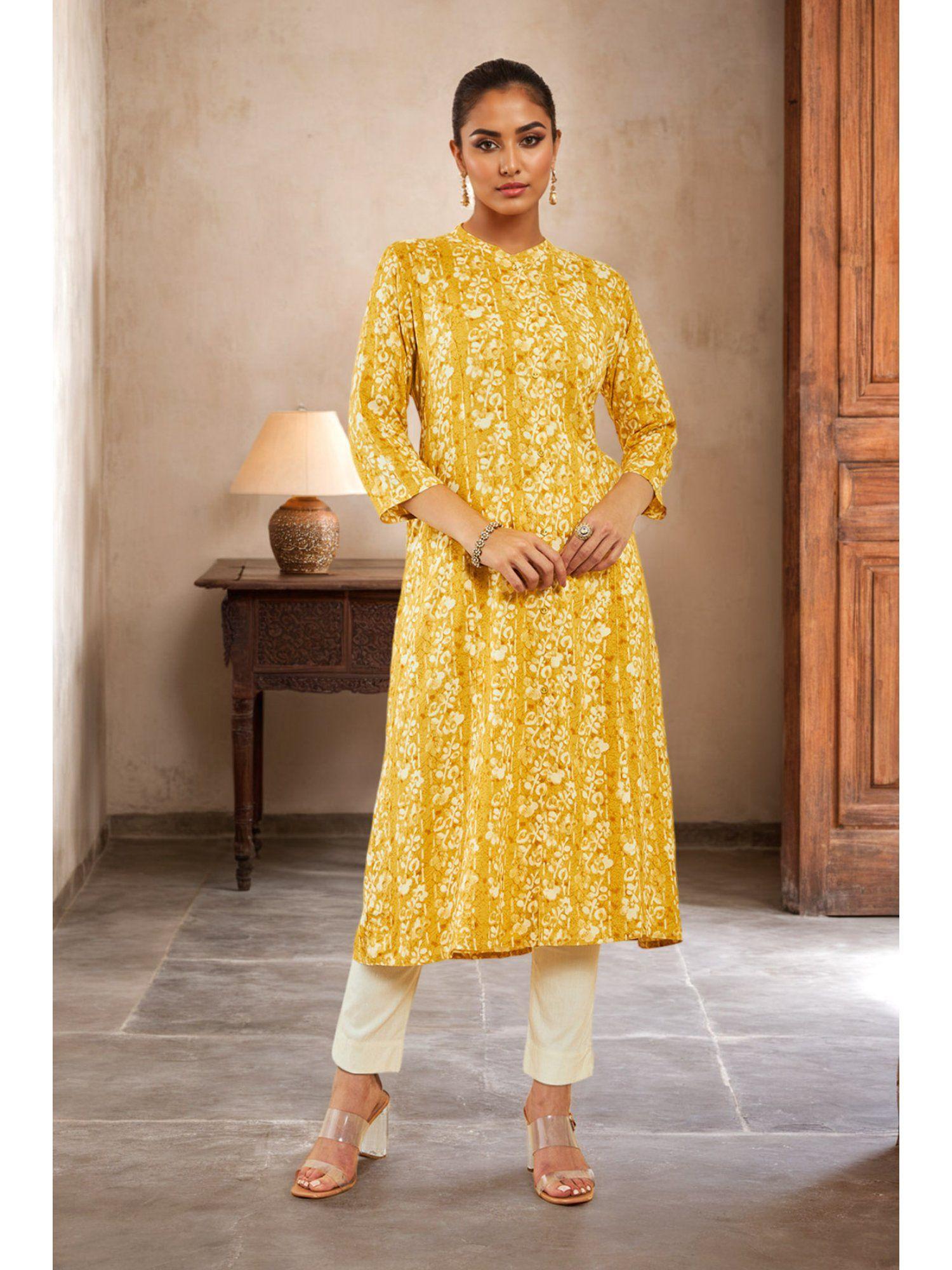 mustard rayon floral print kurta