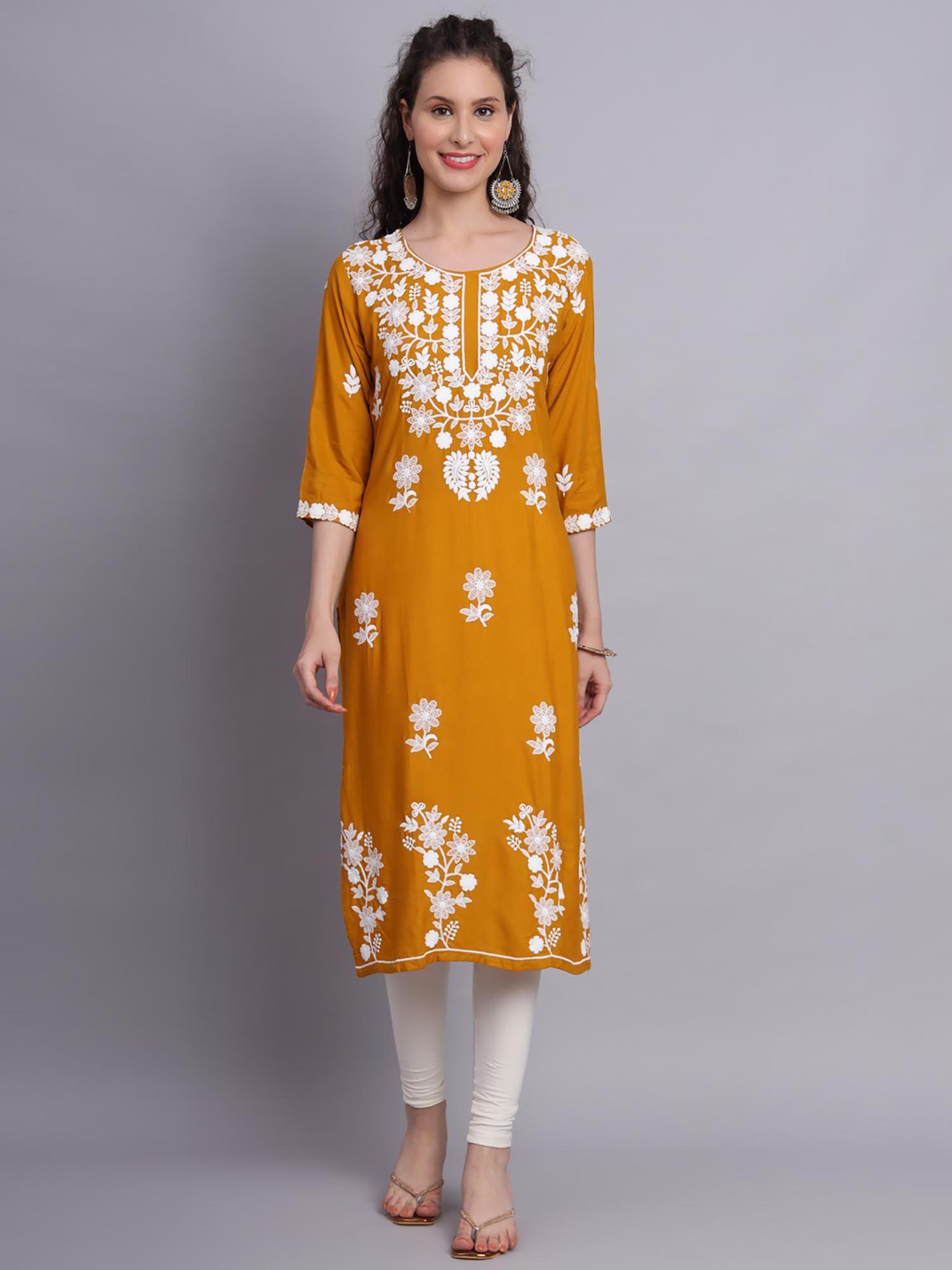 mustard rayon lucknowi chikankari work straigh kurta