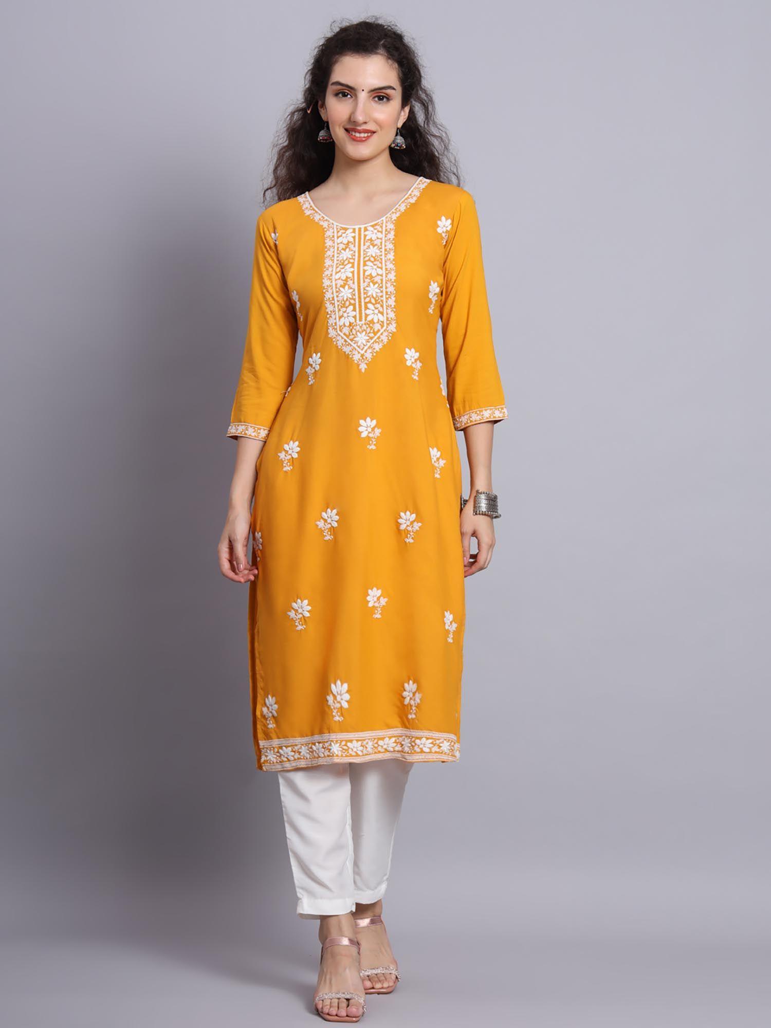 mustard rayon lucknowi chikankari work straight kurta