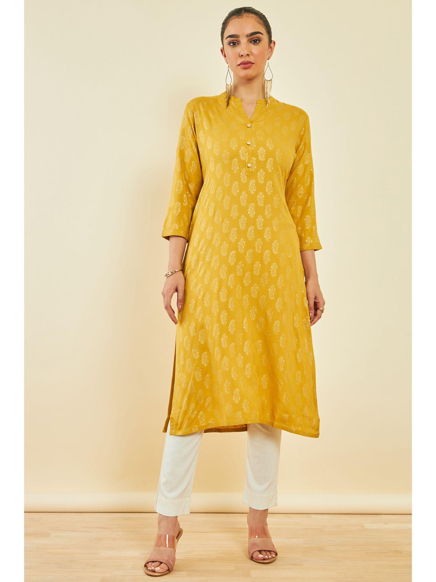 mustard rayon paisley print kurta