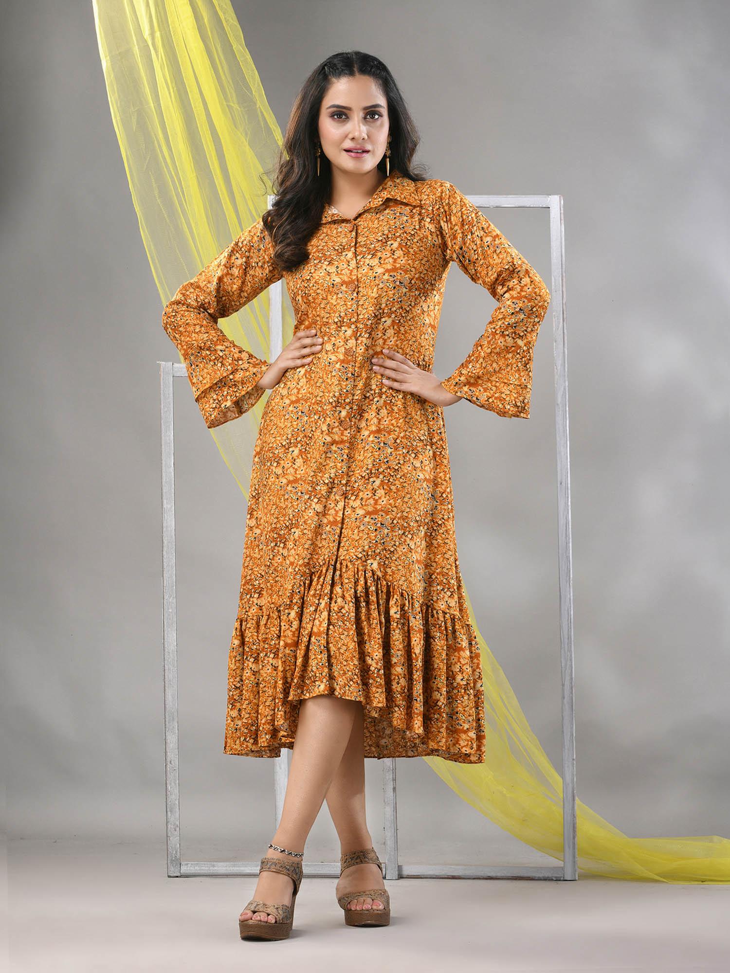 mustard rayon printed a-line ethnic dress