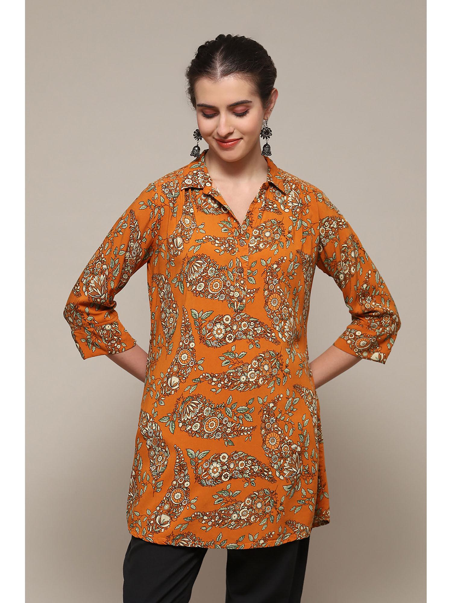 mustard rayon straight printed tunic