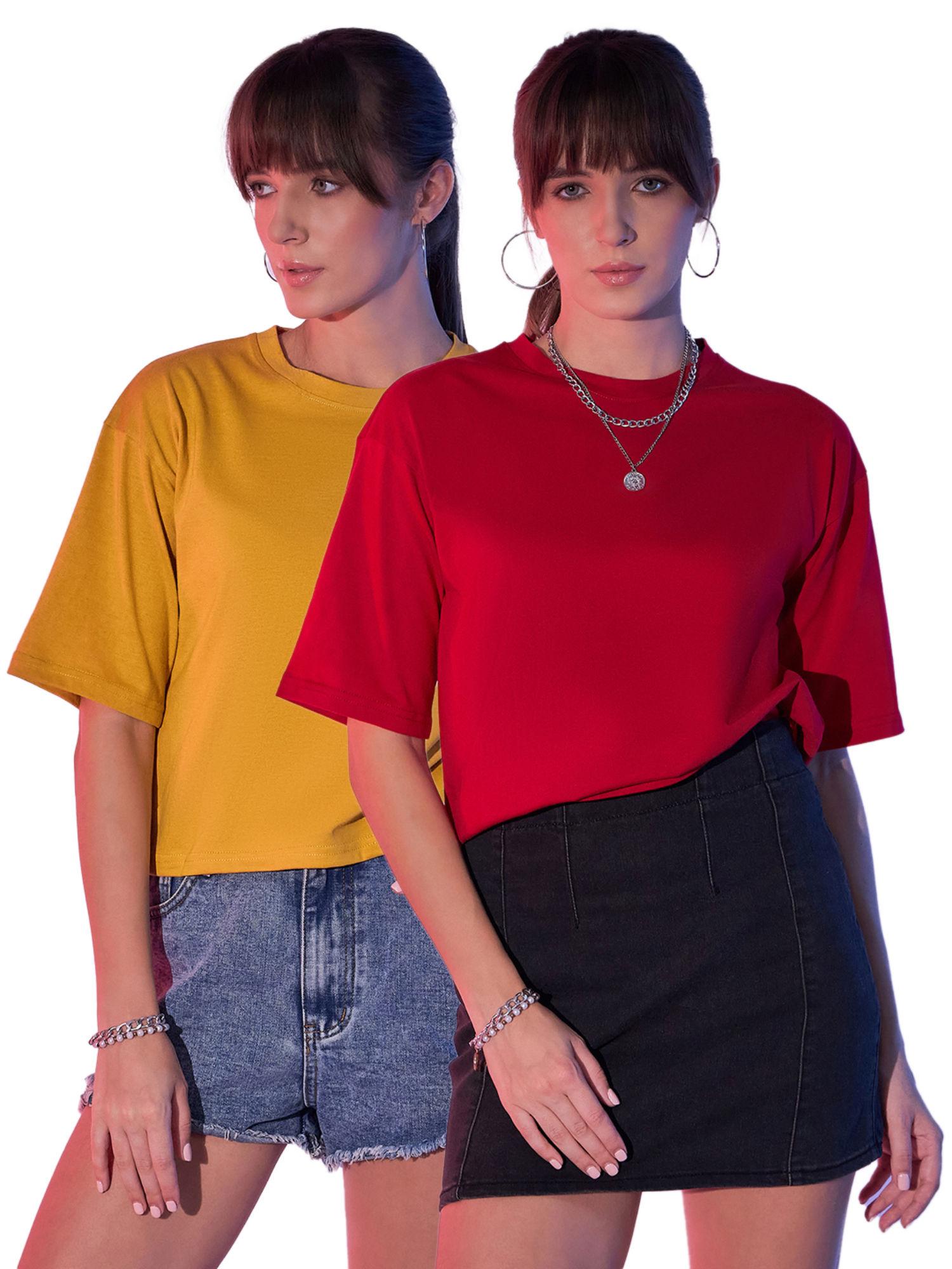 mustard red cotton solid loose fit women cropped t-shirt (pack of 2)